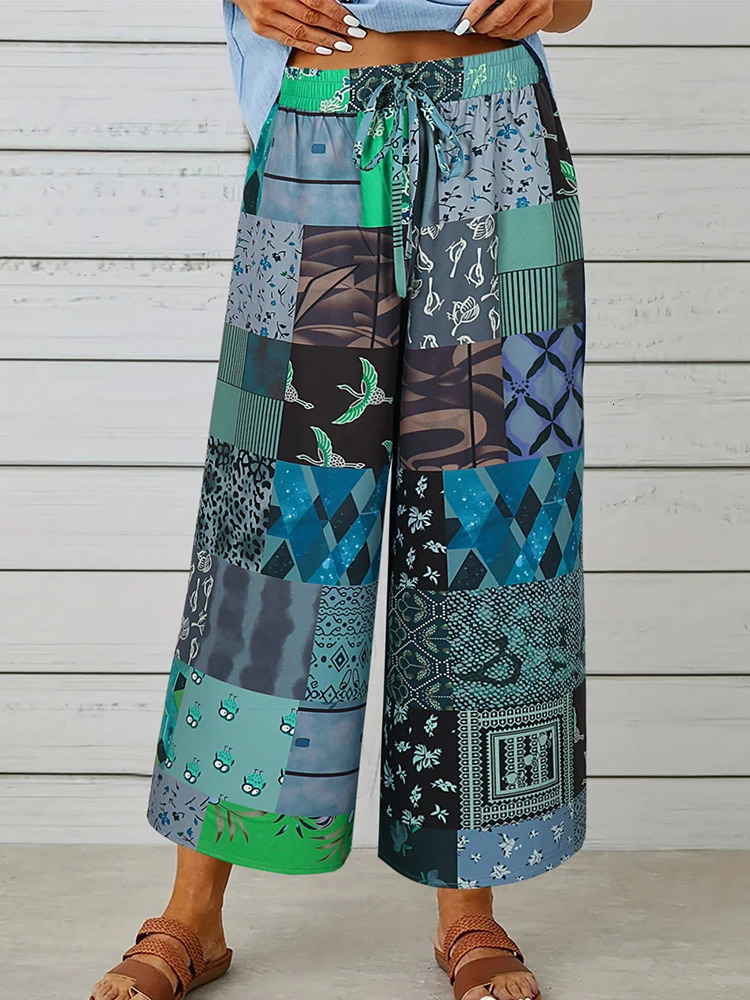 plus Size Boho Cotton Linen Pants for Women Summer Vintage Loose Wide Leg Trousers Streetwear Casual Elastic Waist Female Fashi 250609