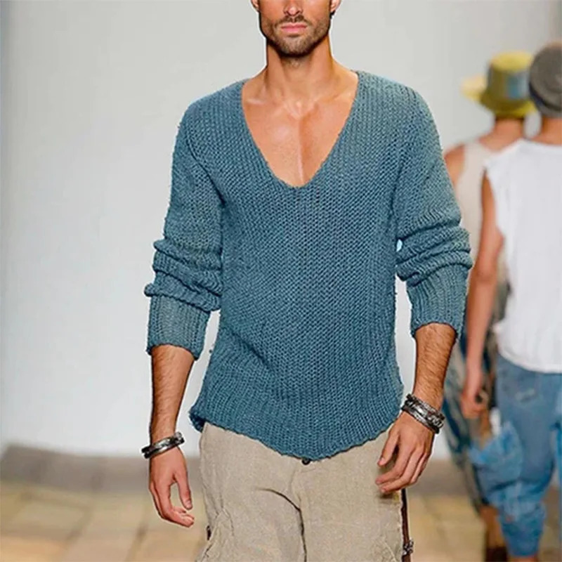 Mens Sweater Long Sleeved V-neck Loose Fashionable and Casual Solid Color Knitted Pullover Mens Clothing 250616