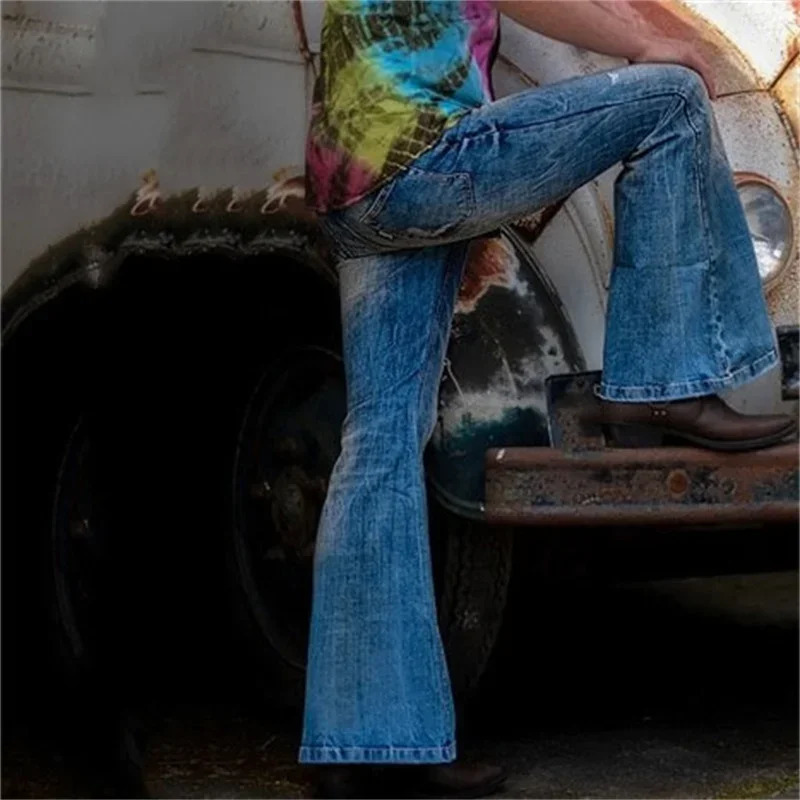 Fashion Punk Style Large Flared Jeans Mens Four Seasons Street Casual High Waist Splice Pocket Denim Pants Male Youth Trousers 250616
