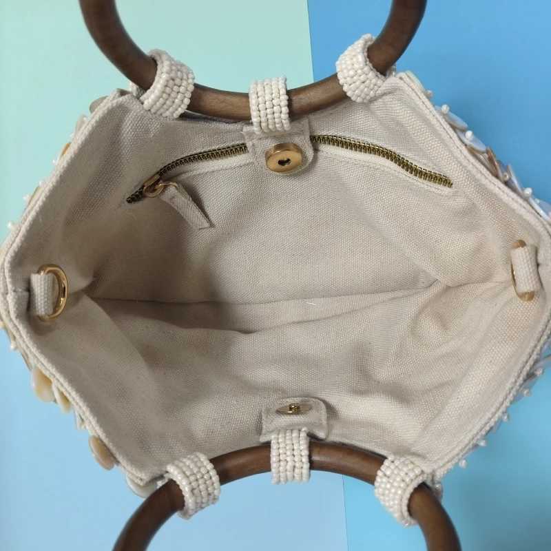 Designer Fairy Shell Handbag Handmade Round Sequin Wooden Handle Tote Bag Women Exquisite Beach Travel Vacation Purse Z250617