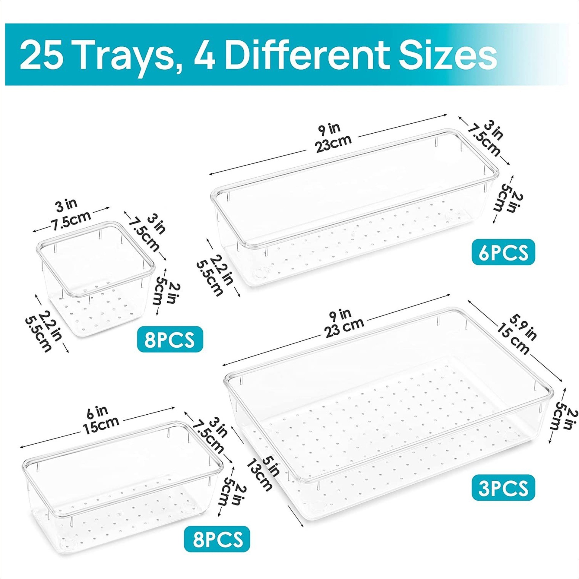 25-Piece Clear Plastic Drawer Organizers for Bathroom Vanity Makeup Stackable 4 Size Set with Adjustable Dividers Fits Kitchen Utensils/Office Supplie