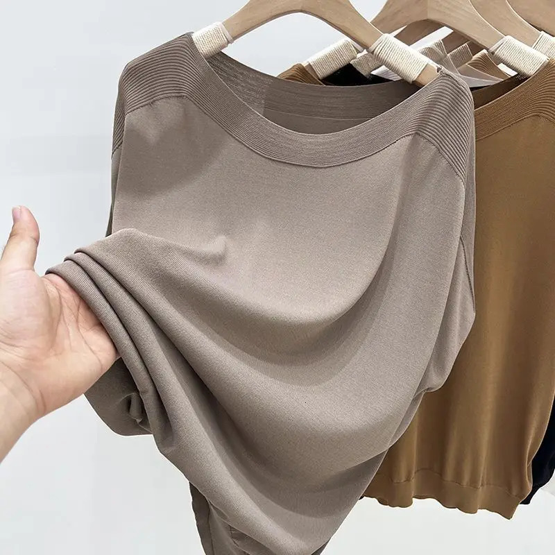 Simplicity Fashion Summer Thin Style Ice Silk T-Shirts Womens O-Neck Solid Screw Thread Casual Loose Short Sleeve Knitted Tops 250614