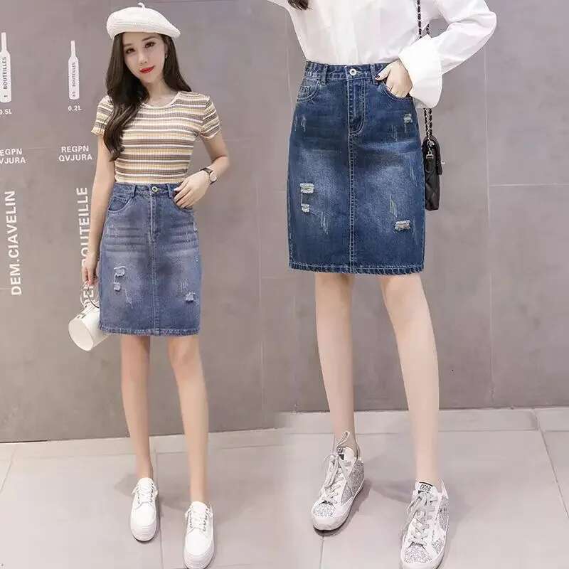 Midi Womens Denim Skirt Female Jeans Skirts with Pocket To Knees Length Chubby Ripped Zipper High Waist Blue Stylish 2025 Trend