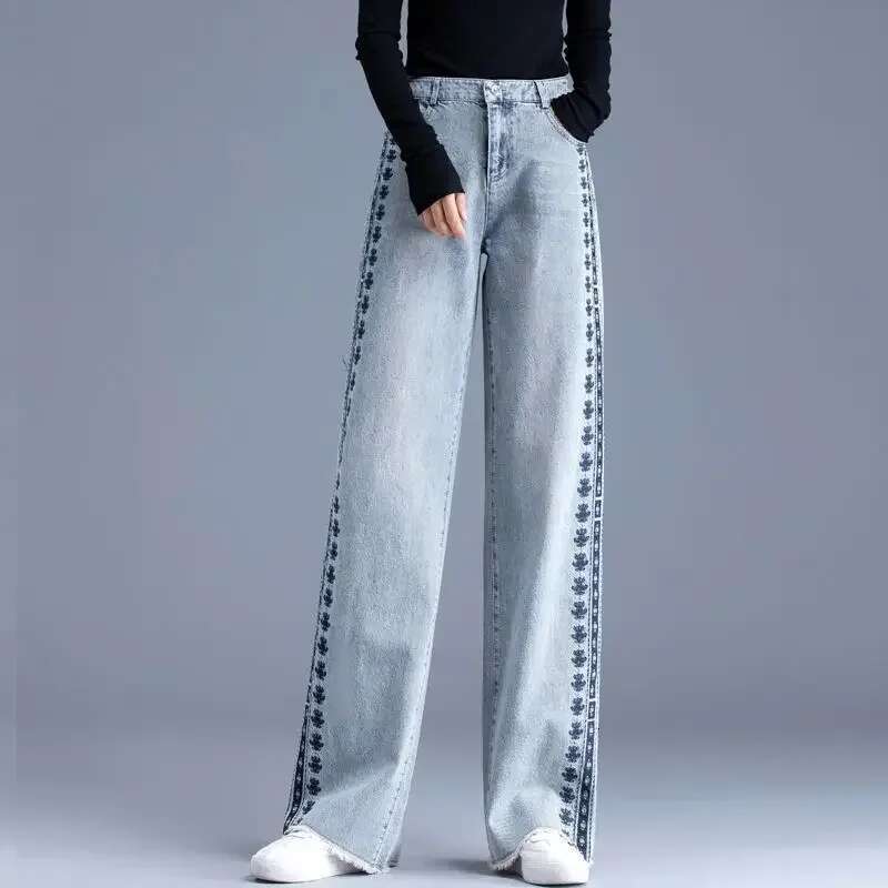 Straight Leg High Waist Shot Trousers Blue Pants for Women Embroidered Womens Jeans South Korea Spring Harajuku Fashion 2025 R Z