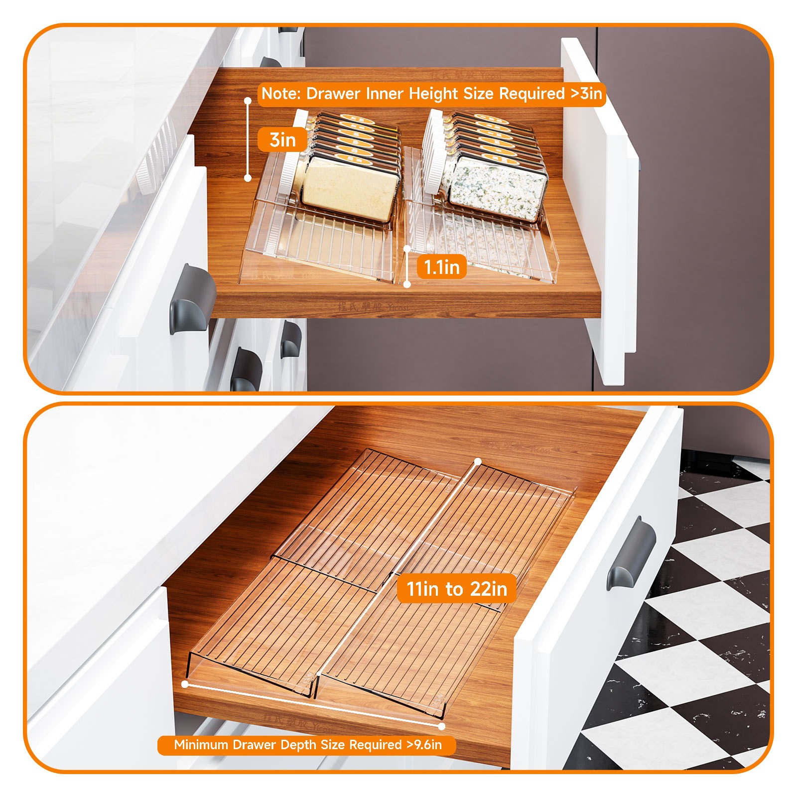 4-Tier Clear Acrylic Spice Drawer Organizer 4-Pack Expandable (11"-22") Rack for Seasoning Bottles Stackable Drawer Insert with Adjustable D