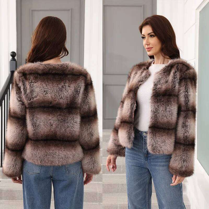2025 New Autumn Winter Coat Women's Wide and Vertical Stripes Fox Round Neck Short Imitation Fur Jack