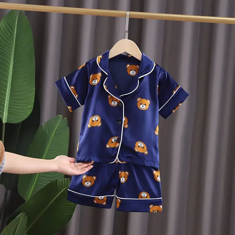 Boys Girls Kids Pajama Sets Cartoon bear short Sleeve Shirt Tops Pants Set Toddler Baby Sleeping Clothes Pijamas Sleepwear 250617