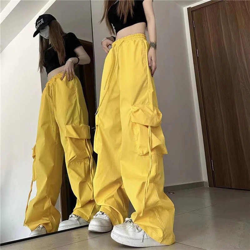 Women Y2K Cargo Pants Fashion Casual High Waist Big Pockets Hip Hop Trousers Female Streetwear Drawstring Baggy Sweatpants 250616