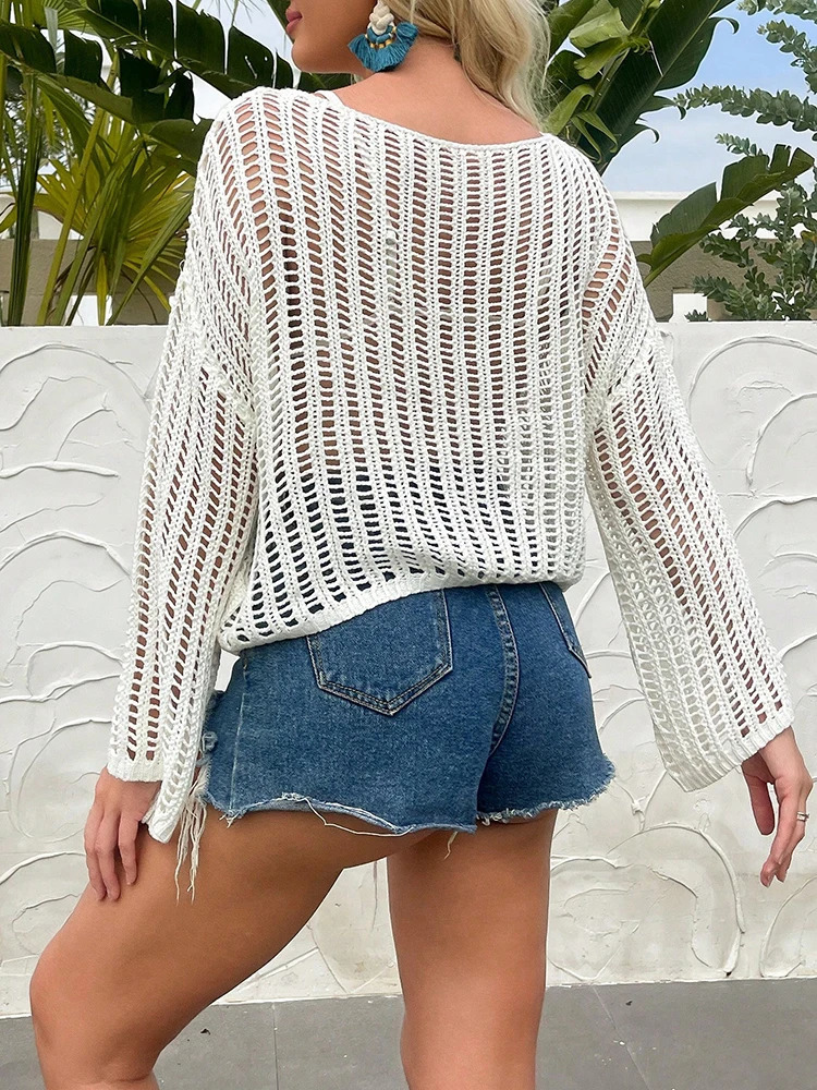 Fishnet Knit Hollow Out Crochet Sweater Long Sleeve Summer Beach Top Pullovers Female Clothing Mesh Shirt Sexy Club Streetwear 250614