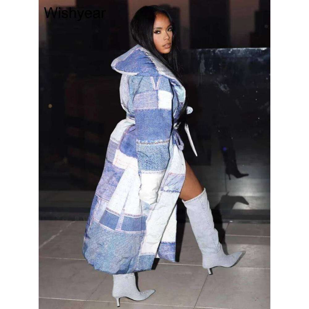 Elegant Cotton-Padded X-Long Coat Women Fashion Denim Patch Printed Large Lapel Lace-Up Jacket Streetwear Loose Thick Overcoat
