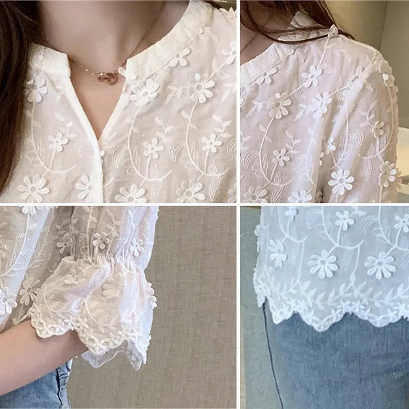 Womens Cotton Short Sleeve Lace Blouse Summer Tops Embroidery Floral White Shirt Fashion Casual Blouses 9638 250614