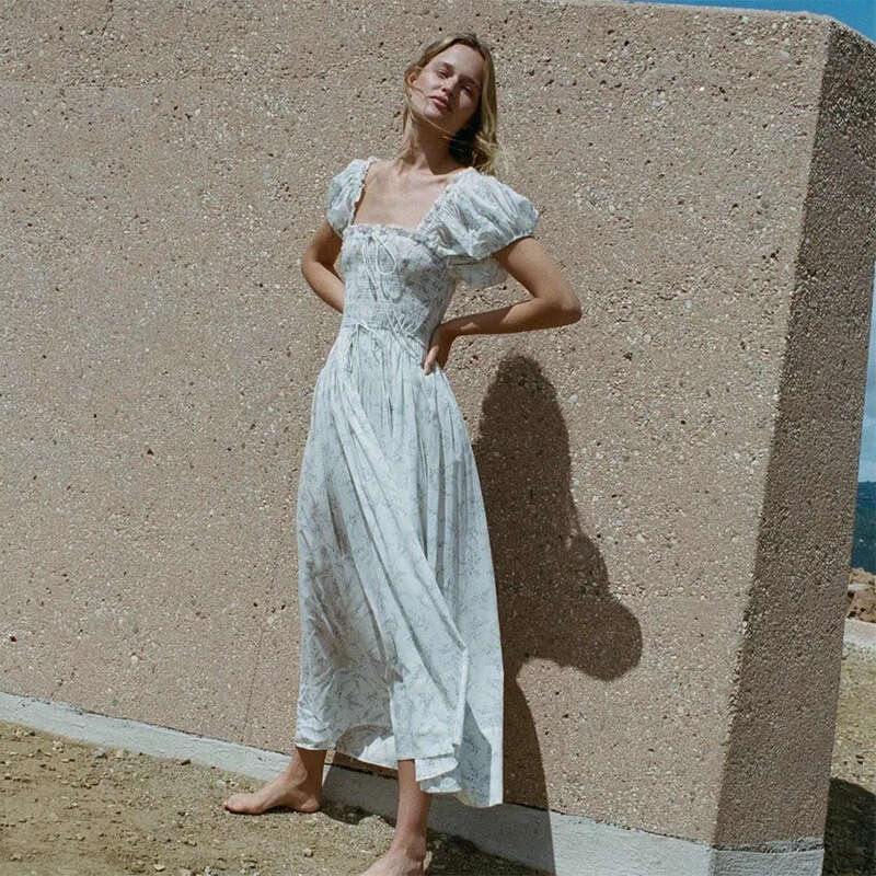 Women Dresses Wedding Guest Dress for Women Summer Dress N709 Summer 2025 Floral Cotton Short Sleeve Square Neck Loose French Vacation Mid-length Dres