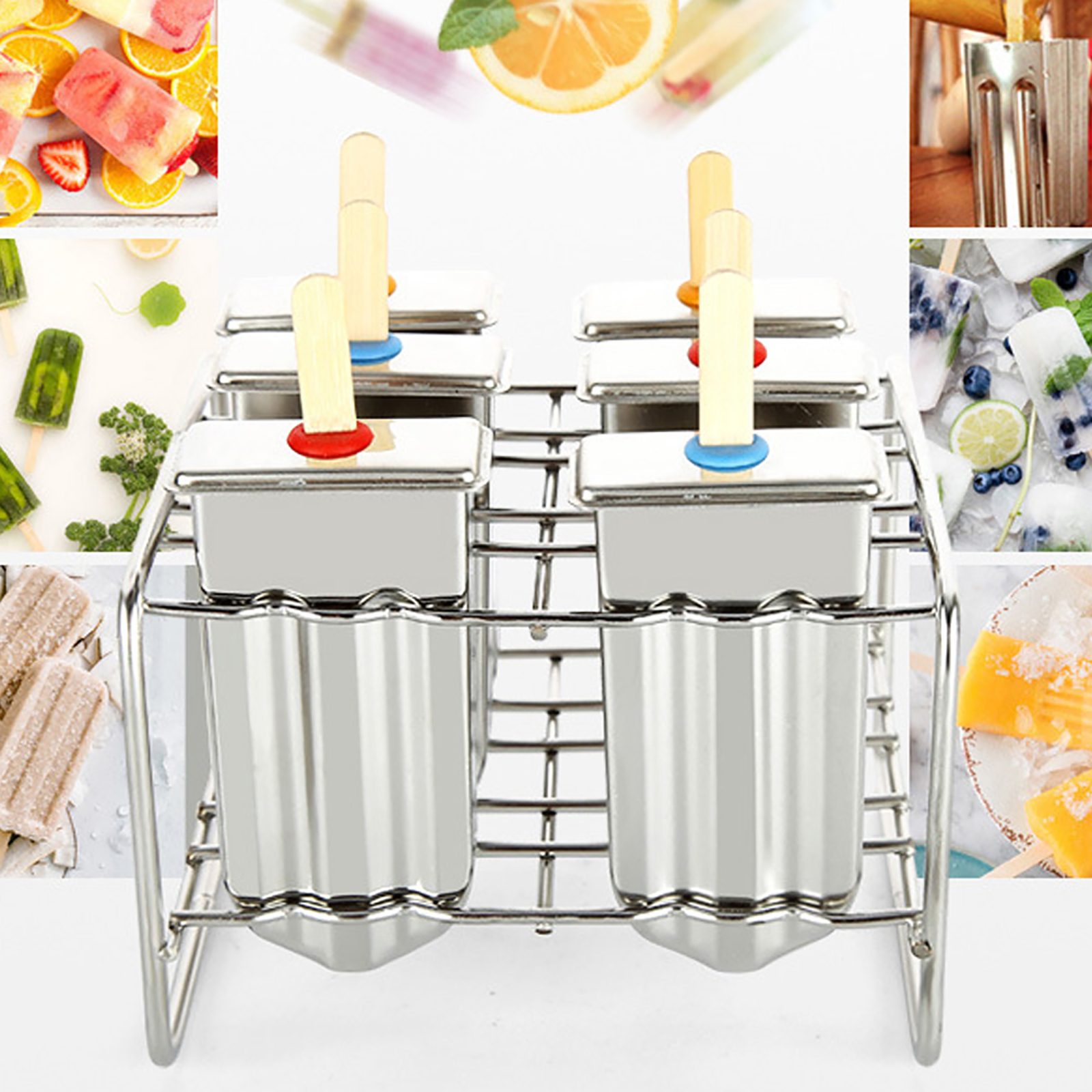 6 Pcs Stainless Steel Ice Cream Molds Round Head Double Cavity 85g Per Pop Homemade Ice Lolly Maker Reusable DIY Popsicle Freezer Tray BPA Free