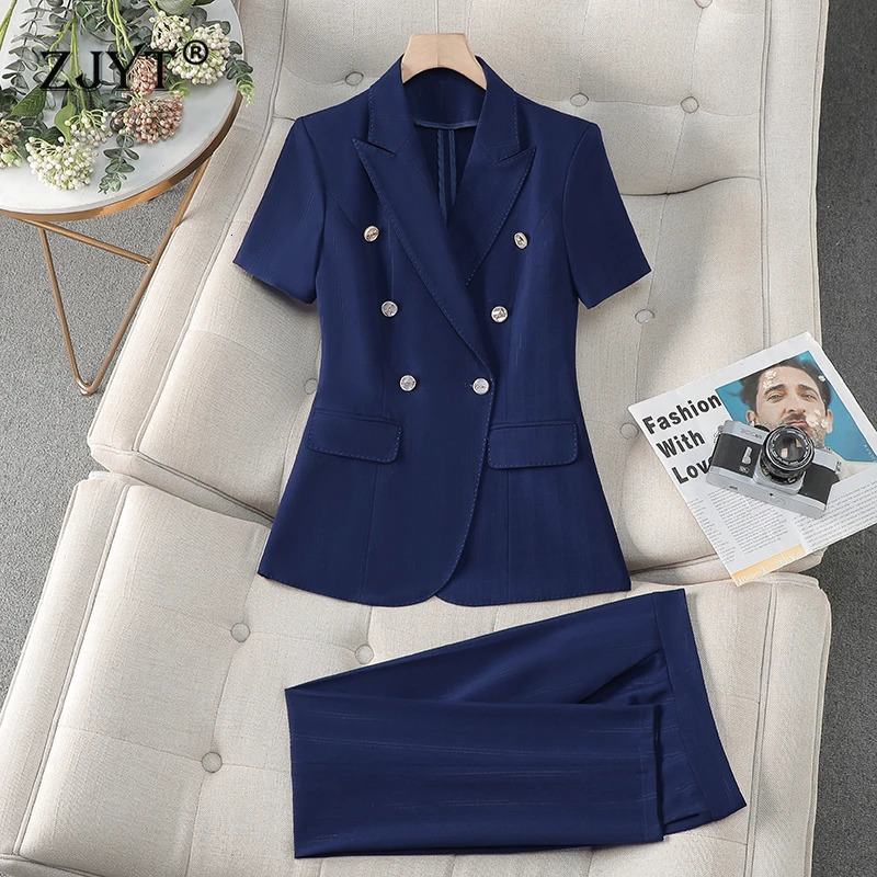 ZJYT Fashion Spring Summer Pant Suit Women Office Business Formal Short Sleeve Blazer Trousers Set 2 Piece Outfit Pink Plus Size 250612