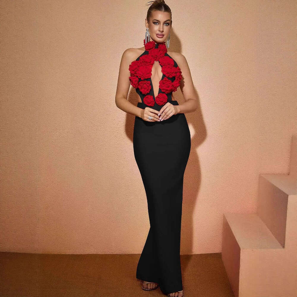 New Summer Fashion Elegant Slimming Backless Red Floral Long Bandage Dress