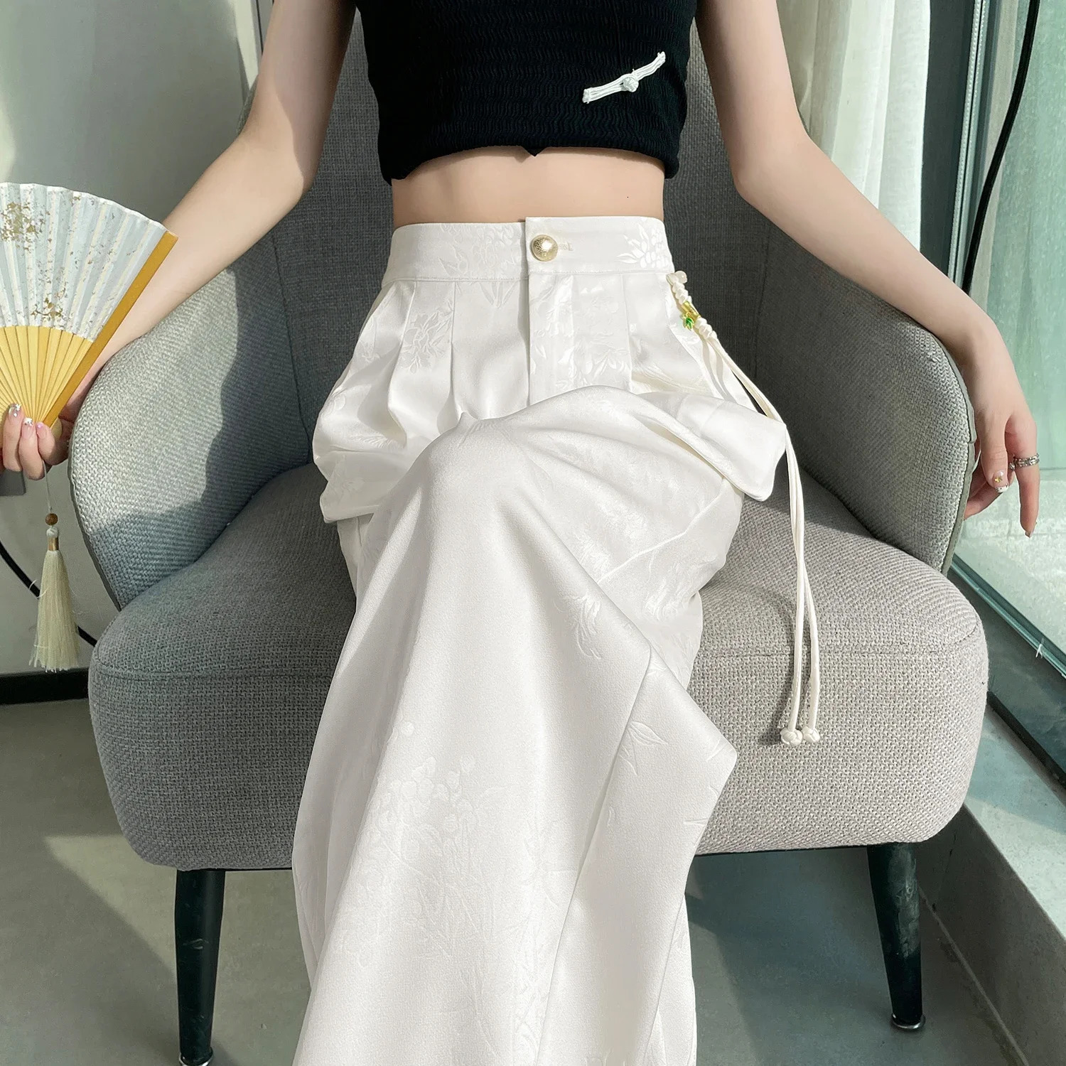 Chinese Style Jacquard Wide Leg Satin Pants for Women Elegant Solid Office Lady Womens Casual Loose Pants Female 250616