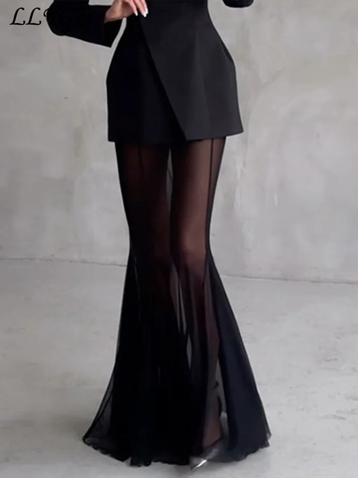 Elegant Solid Blazer Skirt Set Women Slim One Button Suit Jacket Pleated See Through Fishtail Skirts 2025 Spring Lady Party Suit 250614