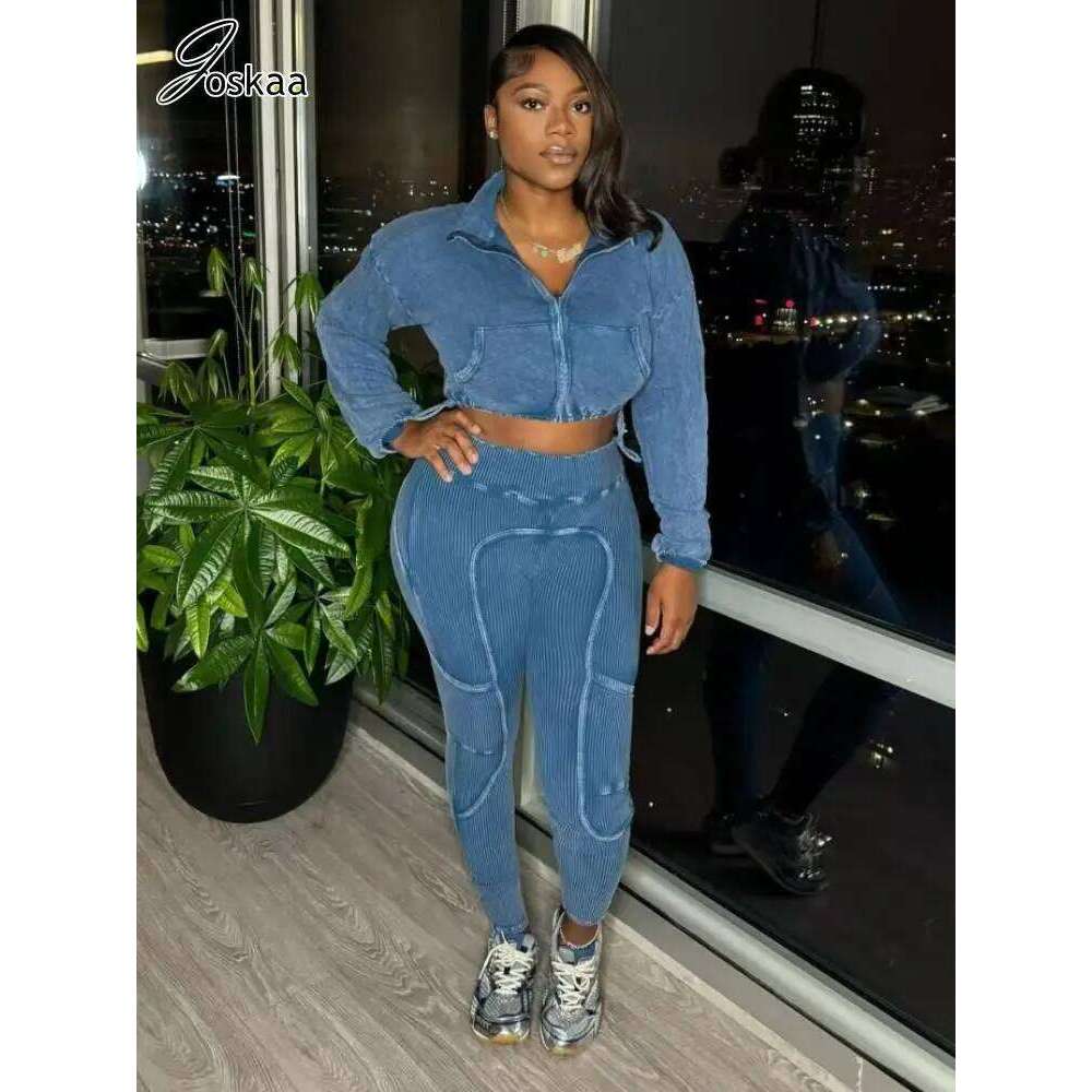 Joskaa Ribbed Patchwork Gym Set Women Casual Long Sleeve Zip Crop Tops and Pencil Pants Matching 2 Piece Sets Fiess Tracksuits
