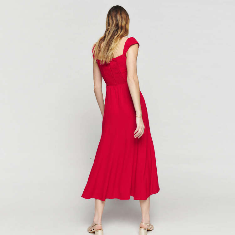 Womens Dress Goth Tender N620 Summer 2025 Bright Red Square Neck Small Flutter Sleeve Dress Slim Fit Mid-length French Style Women