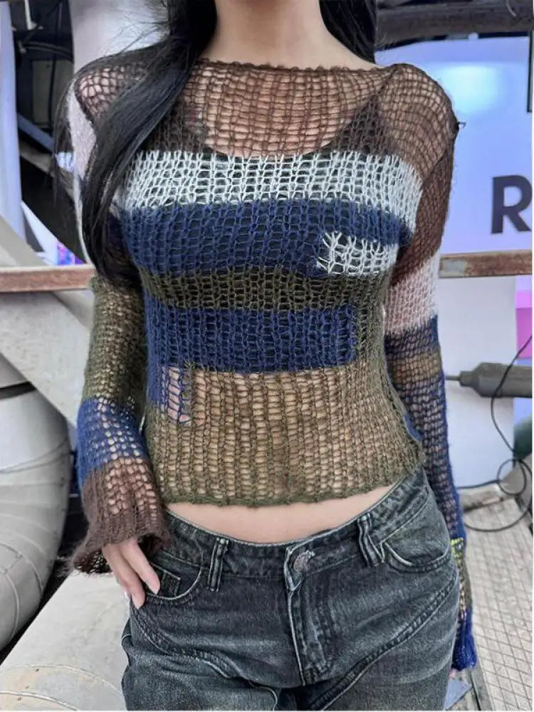 Yedinas Striped Knit Tops Vintage Grunge Hollow Out Jumpers Japanese 2000s Hole Thin Pullover Sweater Women Korean Knitwear Y2k 250614