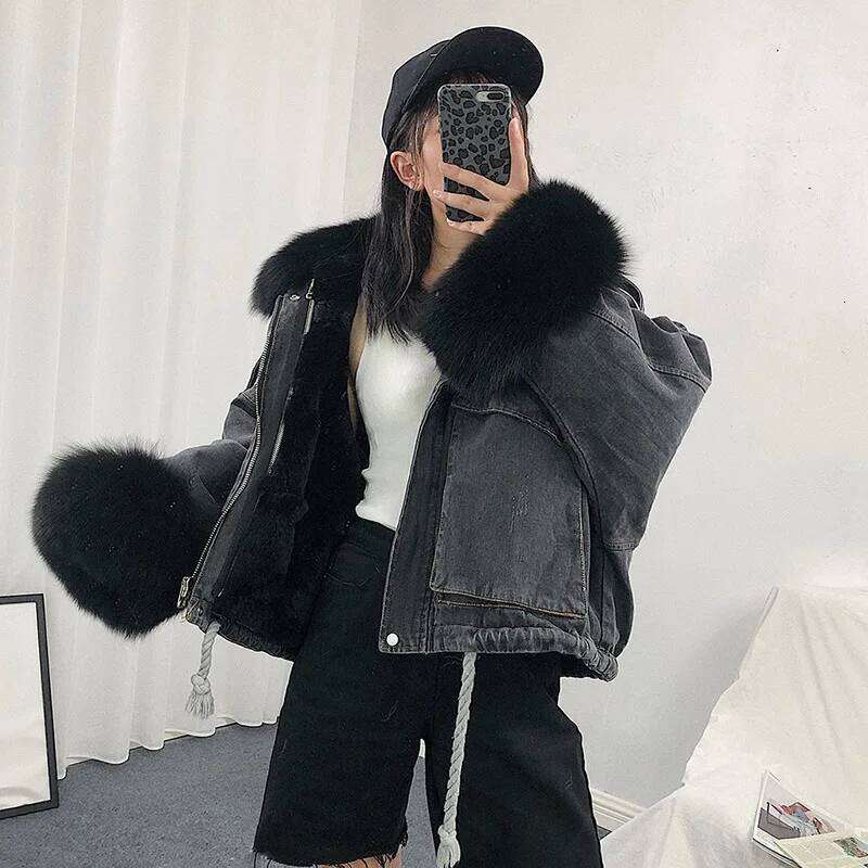 Outerwear Winter Warm Big fur collarPlus Veet Thick Korean Style Removable Loose Denim Women Jacket JK234