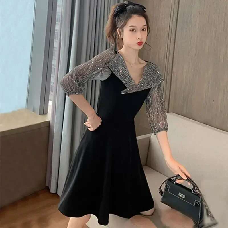 A Line Korean Style Midi Mesh Womens Long Sleeve Dresses New Features of In Fashion Summer 2025 Elegant Party Xxl Female Dress