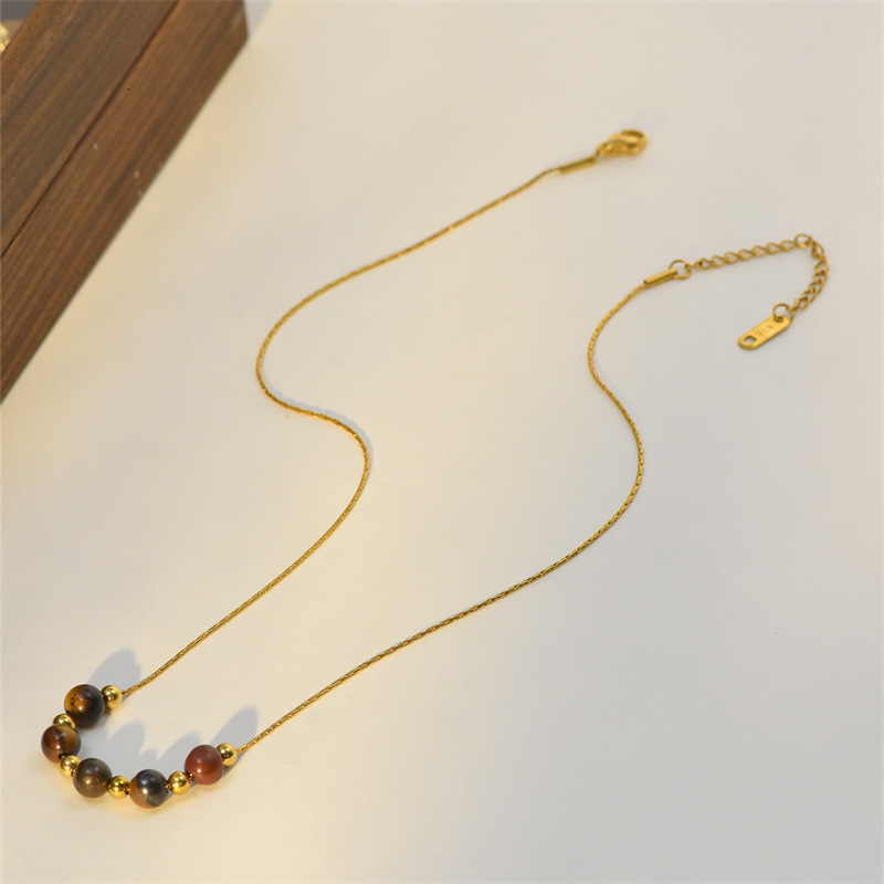 Tiger Eye Stone Beaded Irregular Stainless Steel Pendant Double Layer Stacked Necklace for Women