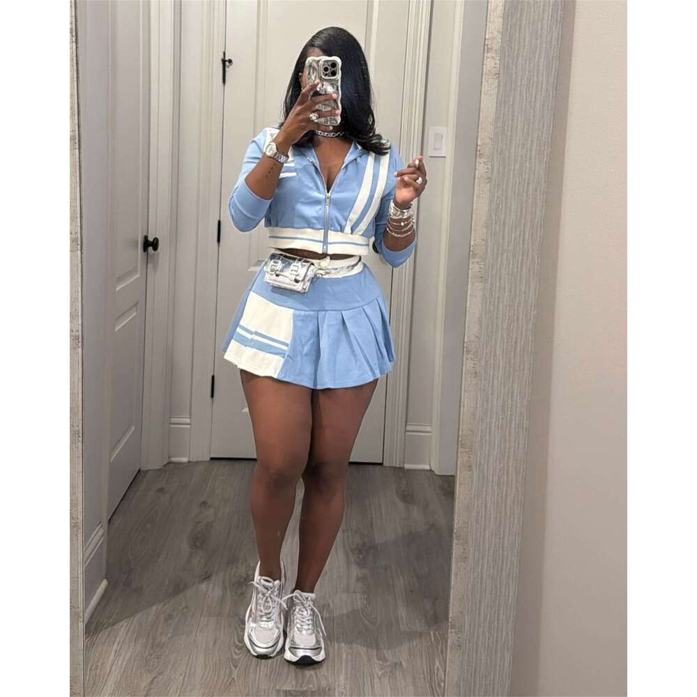 Spring Women's Street Style Color Block Jacket Top And Fashion Short Skirt Two-Piece Set For Women B5