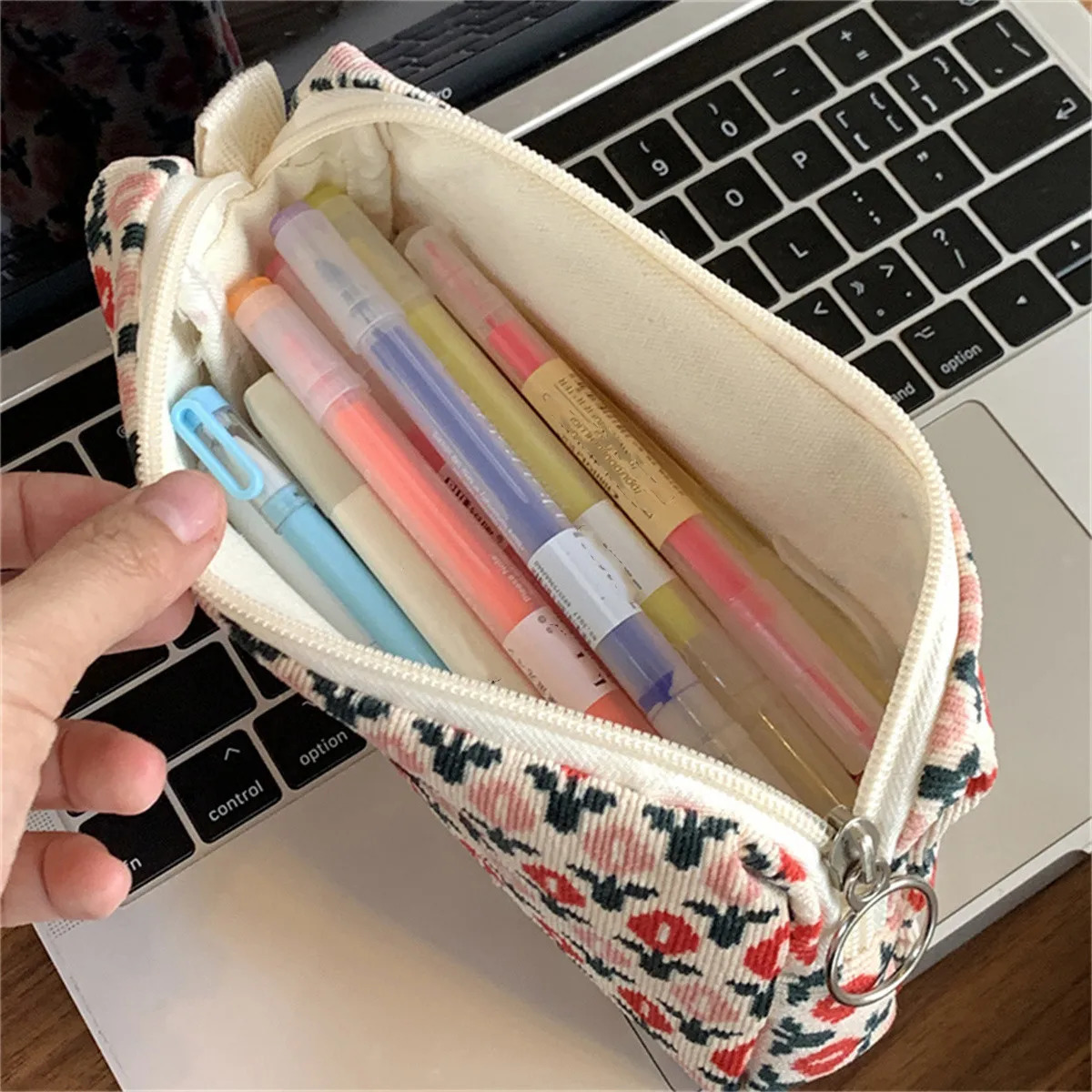 Cute Floral Corduroy Pencil Case Small Cosmetic Lipstick Travel Portable Storage Bag Stationery Pen Makeup Handbag Organizer 250614