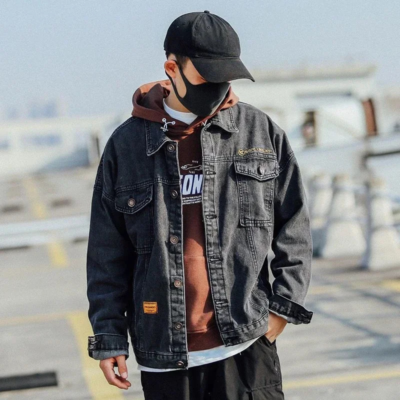 Mens Denim Jacket Blue Button Male Jean Coats with Embroidery Loose Big Size Worn Casual Cowboy Low Price Stylish Trendy 250616