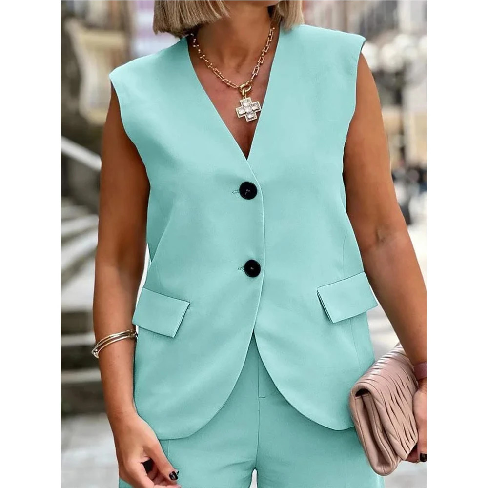 Summer Elegant Women Pants with Vest Sets Solid Color Single Breasted Casual Outerwear Business Slim Fit Blazer Suits 250612