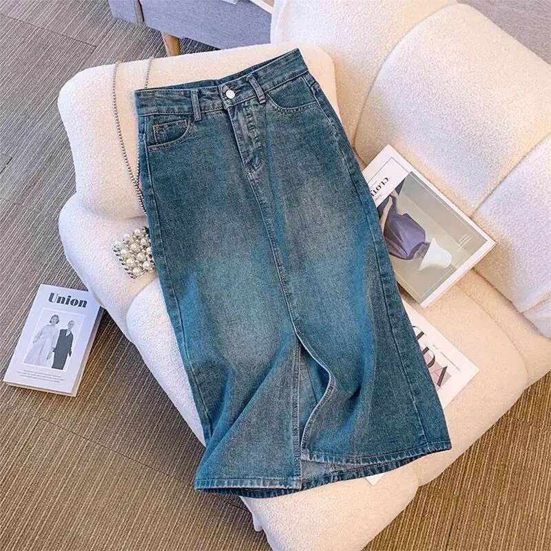 Jeans Skirts for Women with Slit High Waist Woman Denim Skirt Tight Wrap Casual Y2k Vintage Luxury Elegant Aesthetic Summer 2025