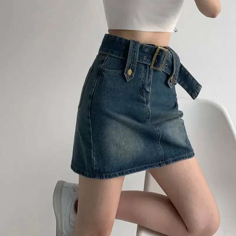 Gyaru Sexy Short Female Jeans Skirts Blue with Pocket High Waist Coquette Mini Womens Denim Skirt Modest Luxury Elegant New In