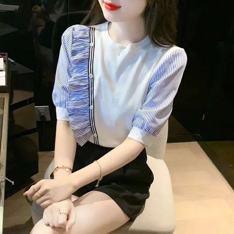 Woven Half Sleeve Shirts Blouses for Women Chiffon Blouse Clothing Woman Top Trend 2025 Modern Long Youthful Elegant Pretty S