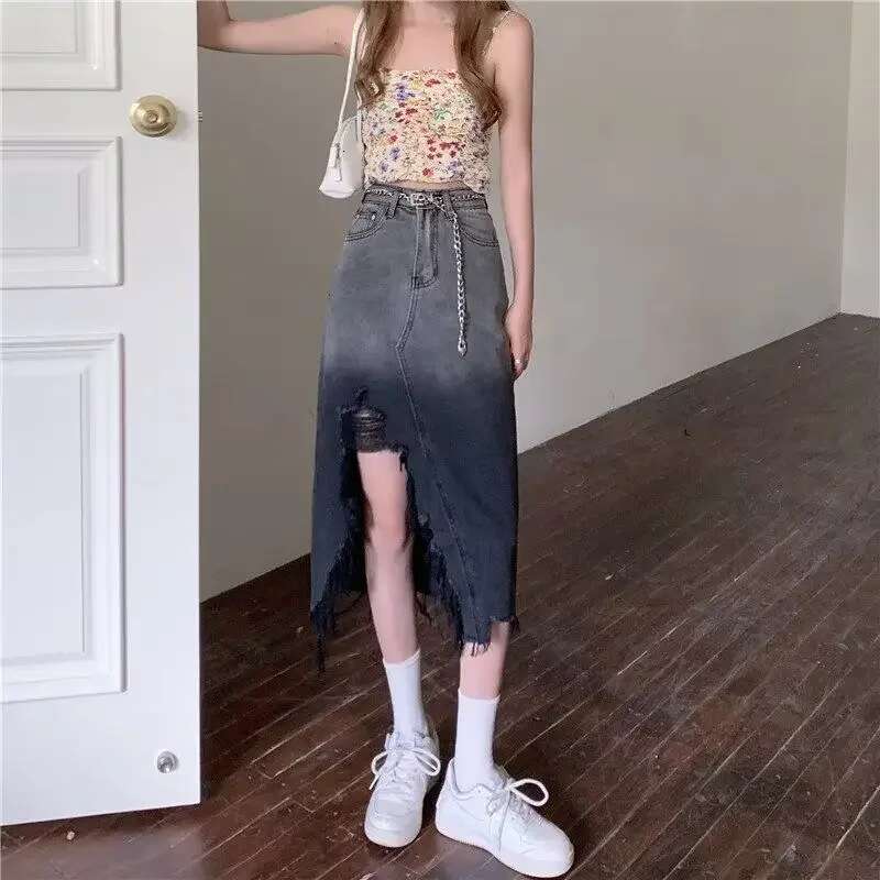 Woman Denim Skirt Wrap Midi Tight Vintage Chic and Elegant Stylish Korean Fashion Summer 2025 Modest Y2k Jeans Skirts for Women
