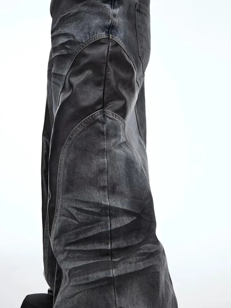 2025 Cyber Y2K Streetwear Black Pu Leather Patchwork Baggy Flare Jeans Pants Men Clothing Washed Black Wide Leg Denim Trousers 250616