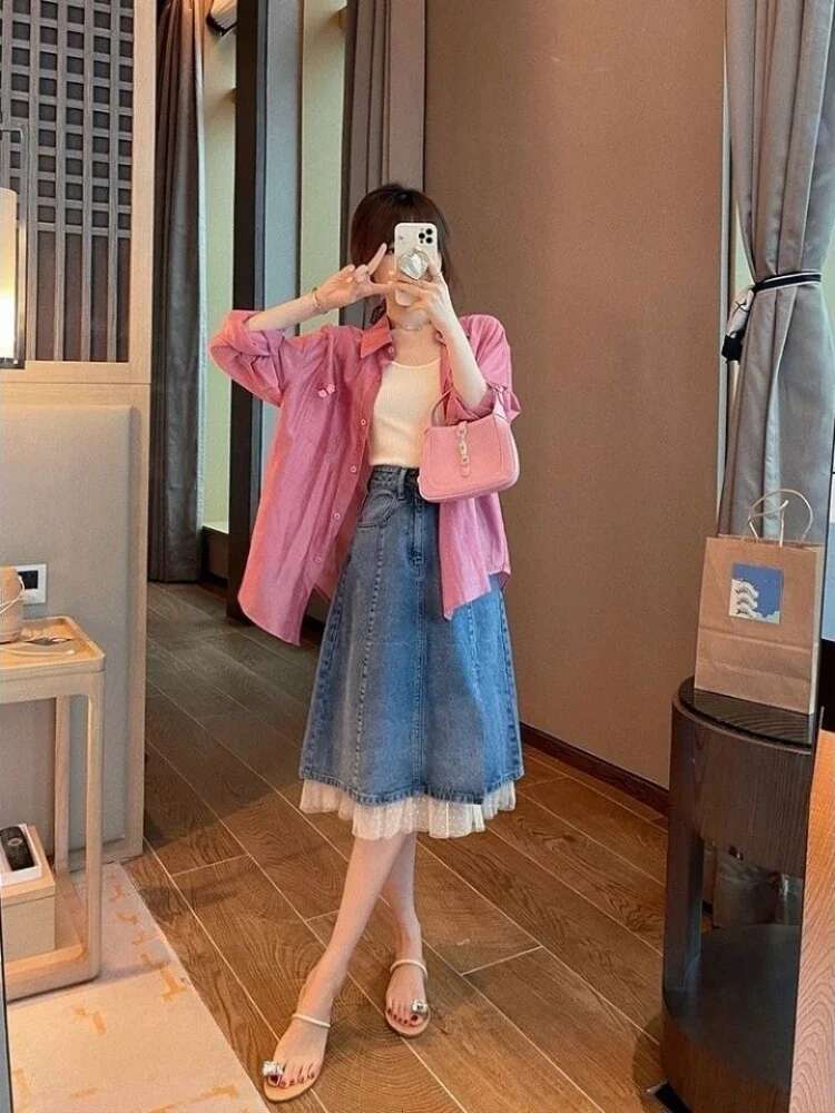 With Slit Lace Splicing Woman Denim Skirt Y2k Vintage Premium New In Streetwear Chic and Elegant Modest Jeans Skirts for Women