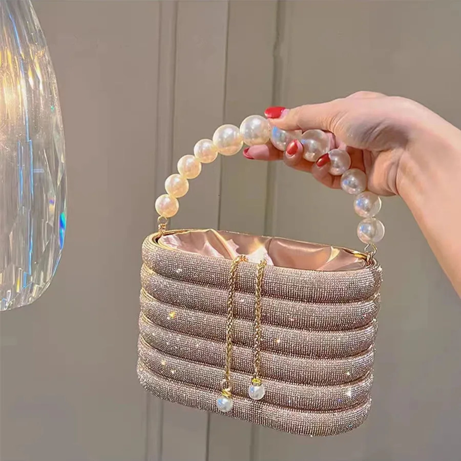 Crystal Metal Evening Clutch Bags Women Boutique Pearl Handle Shiny Color Blocking Rhinestone Purses And Handbags Bridal Wedding 250614
