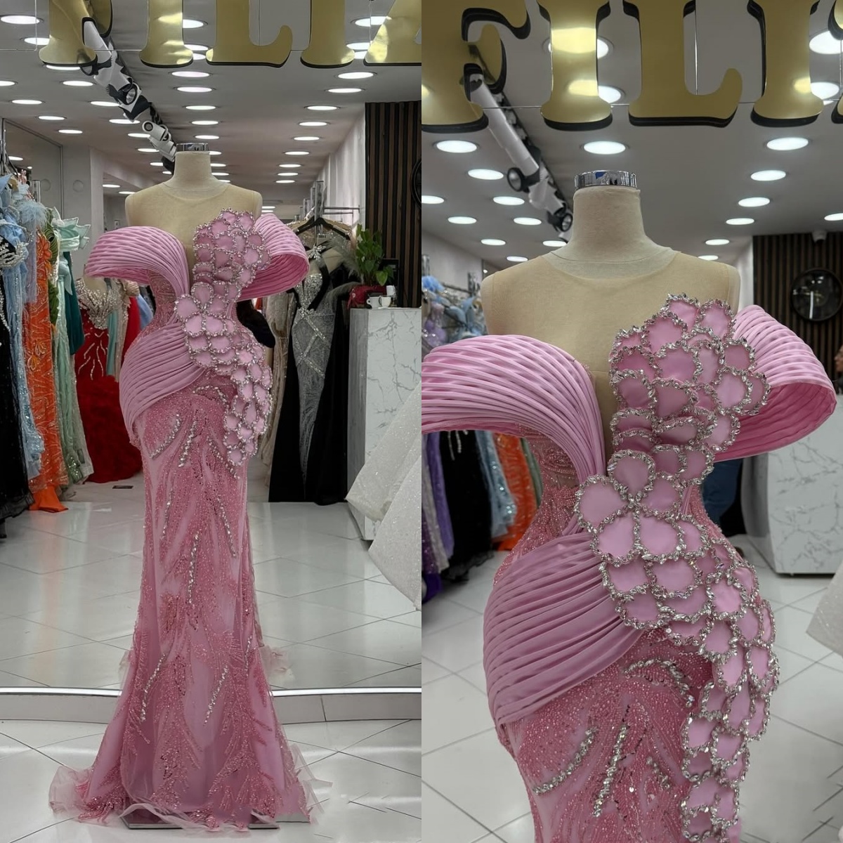 Pink Mermaid Prom Dresses African Beading Off Shoulder Evening Gowns Rhinestone Birthday Party Customized Special Occasion Dress