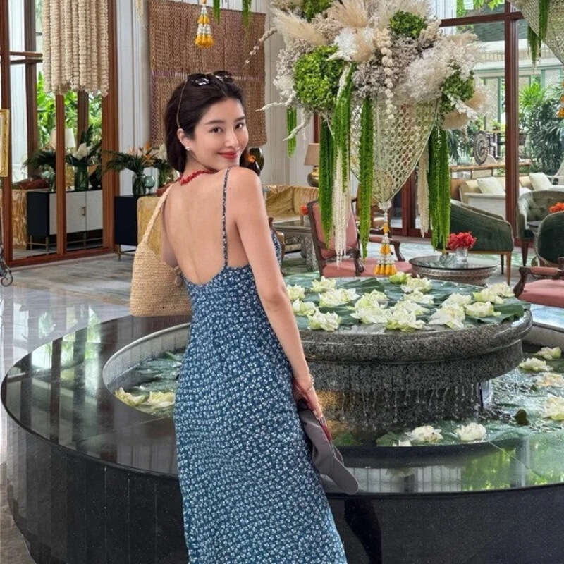 Summer Dress Dresses for Woman Elegant for A Wedding 960 New 2025 Silk Blue Floral Low-cut Mid-length Slim Fit Backless Dress French Vacation Style