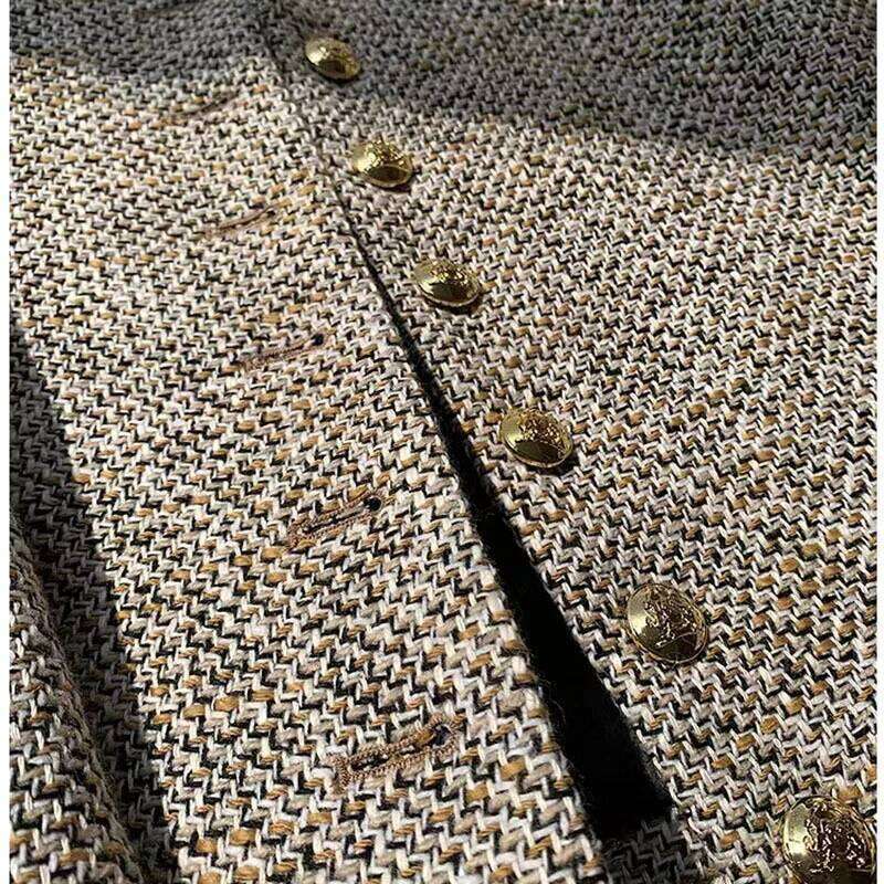 Korea Tweed Jacket Autumn New Women's Stand Collar Golden Buttons Elegant Coats Classic Weave Plaid Small Fragrance Blazer Q989