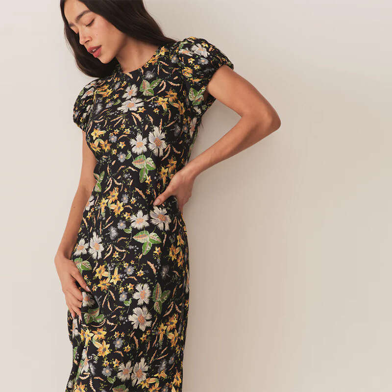 Clothes Women Designer Buttock Women Dress 495 Summer New 2025 Rayon Print Round Neck Short Sleeve Asymmetrical Slim Fit Long Dress French Style Women