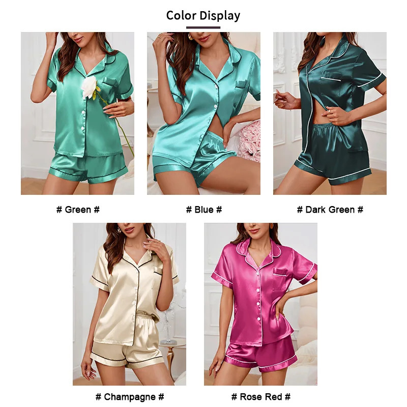 Womens Satin Pajama Set Summer Sleepwear Loungewear Short Sleeve Lapel Top Shorts Pyjamas Button Home Clothes Pajamas Pjs Set 250616