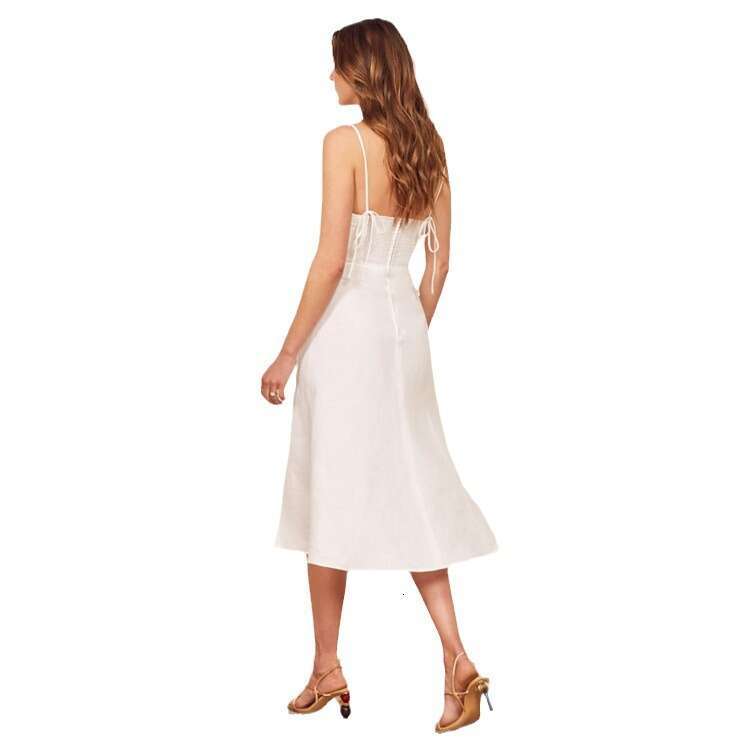 Buttock Sexy Women Dress Partydress N016 Spaghetti Strap Summer Cotton Linen 2025 High-end Mid-length Sexy Backless Split Dress for Women
