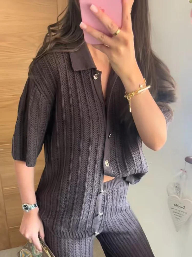 Vintage Knitted Loose Pants Set Women Brown Half Sleeve Lapel Single Breasted Cardigan Straight Trousers 2025 Fashion Solid Suit 250616