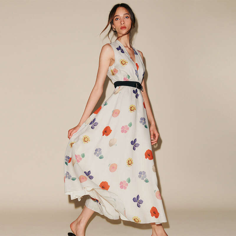 Dresses for Woman Whitedress Bodysuit 850 Without Belt Summer New 2025 Printed Linen Long V-neck Dress French Elegant