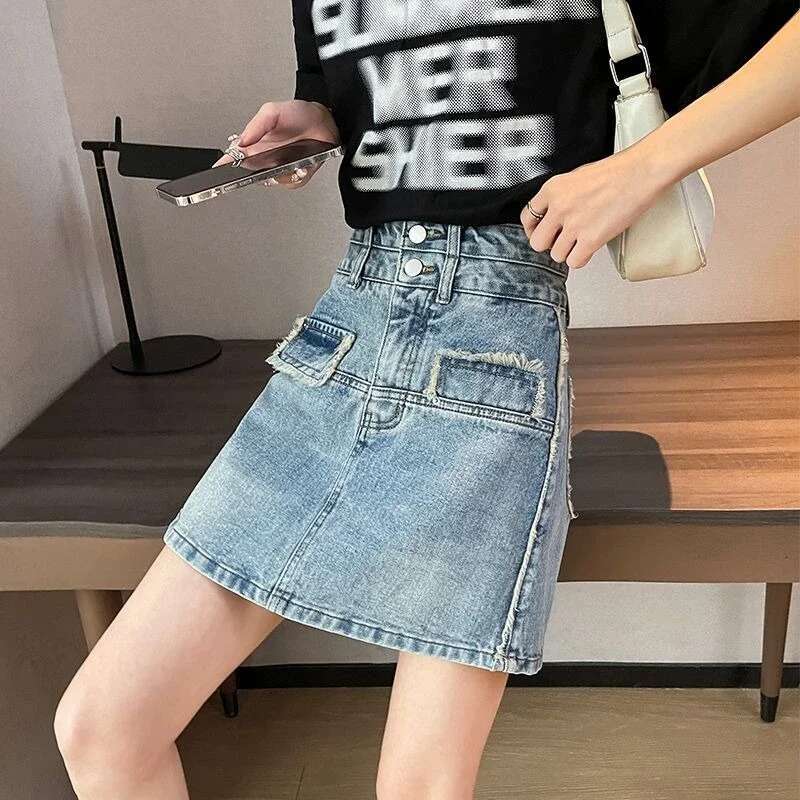 Stylish High Waist With Pocket Jeans Skirts for Women A Line Summer 2025 Harajuku Streetwear Y2k Vintage Cheap Woman Denim Skirt