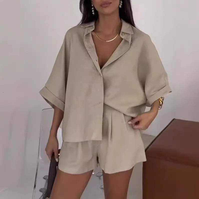 Simple Casual Solid Color Two-piece Set For Women Spring Half-sleeved Button Lapel Shirt Top Shorts Suit Summer Loose Chic Suit 250613