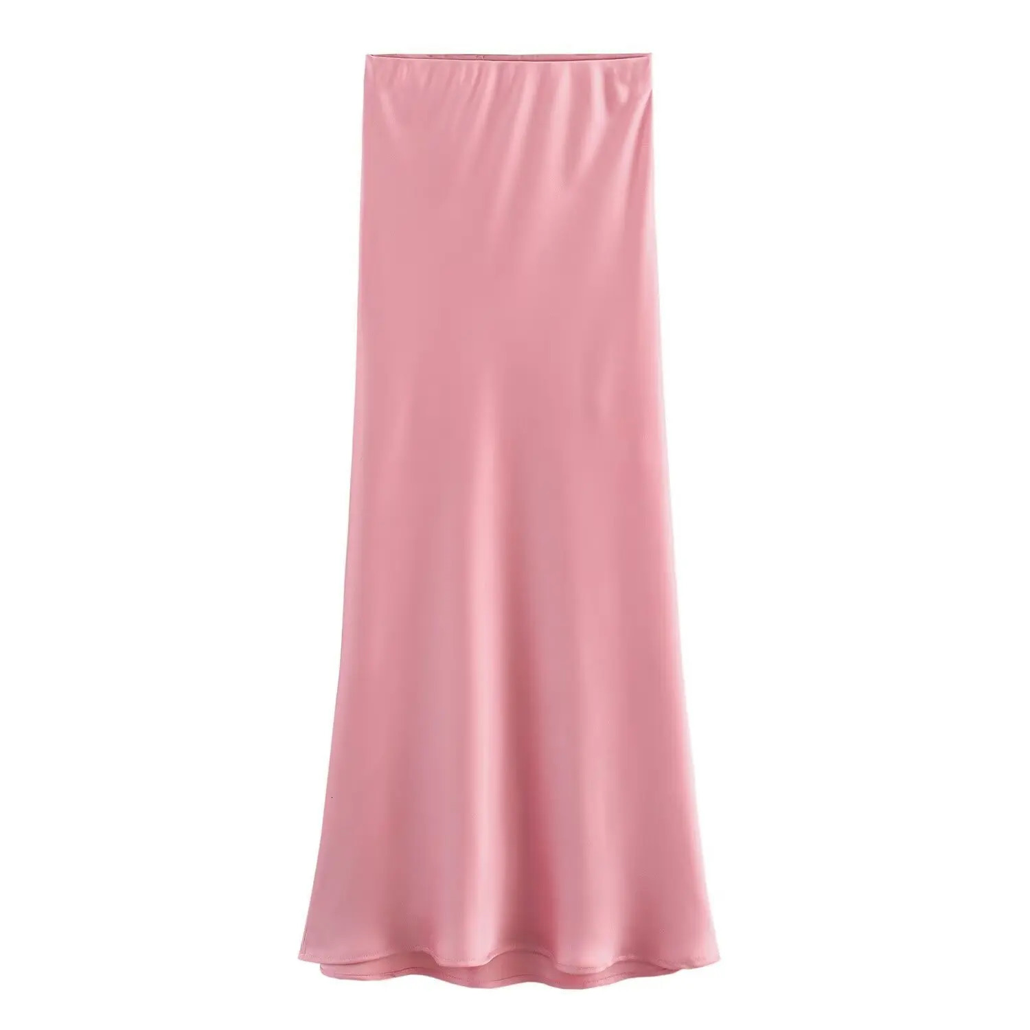 Pink Midi Skirts Women Fashion Elastic Waist Black Skirt Autumn Casual High Waist Satin Long Skirt Womens Chic Skirts 250614