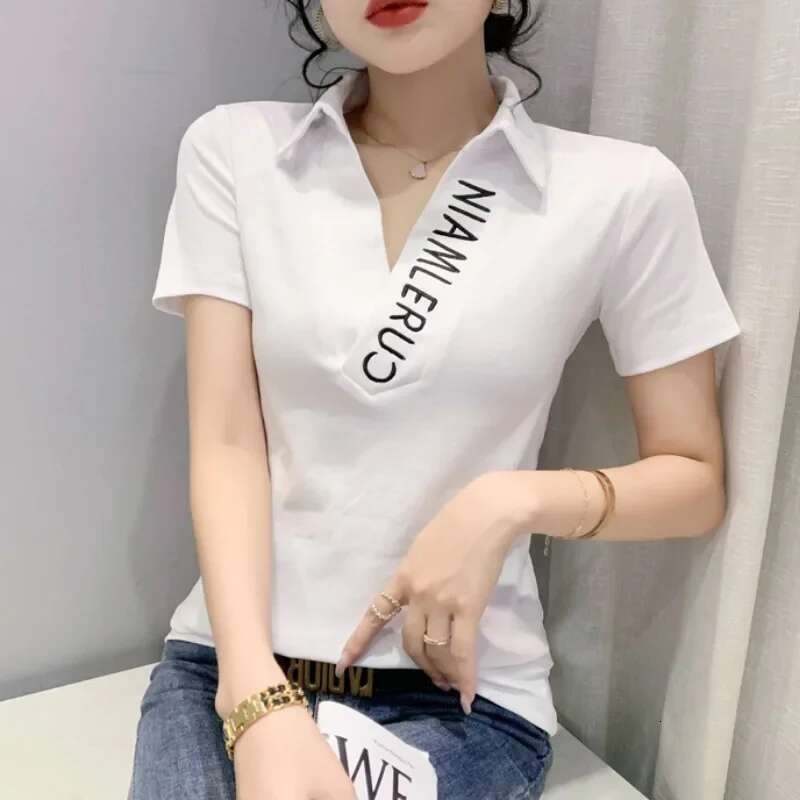 Polo Neck Shirt for Women Embroidery Baggy Plain Woman T Casual Tops Korean Clothing Luxury Basic High Quality Synthetic New